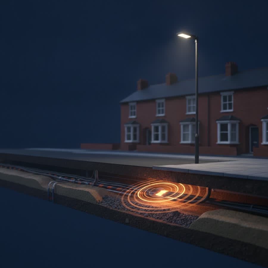 Cutaway of a street at night: a lit column on the pavement, terraced houses behind, and a buried cable glowing orange where a signal has been applied