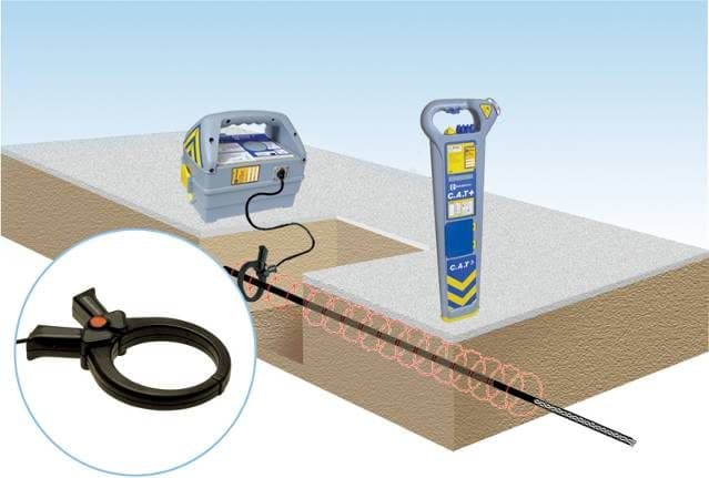 Illustration: transmitter and clamp applying signal to a duct under a slab, sonde inside, locator above ground.