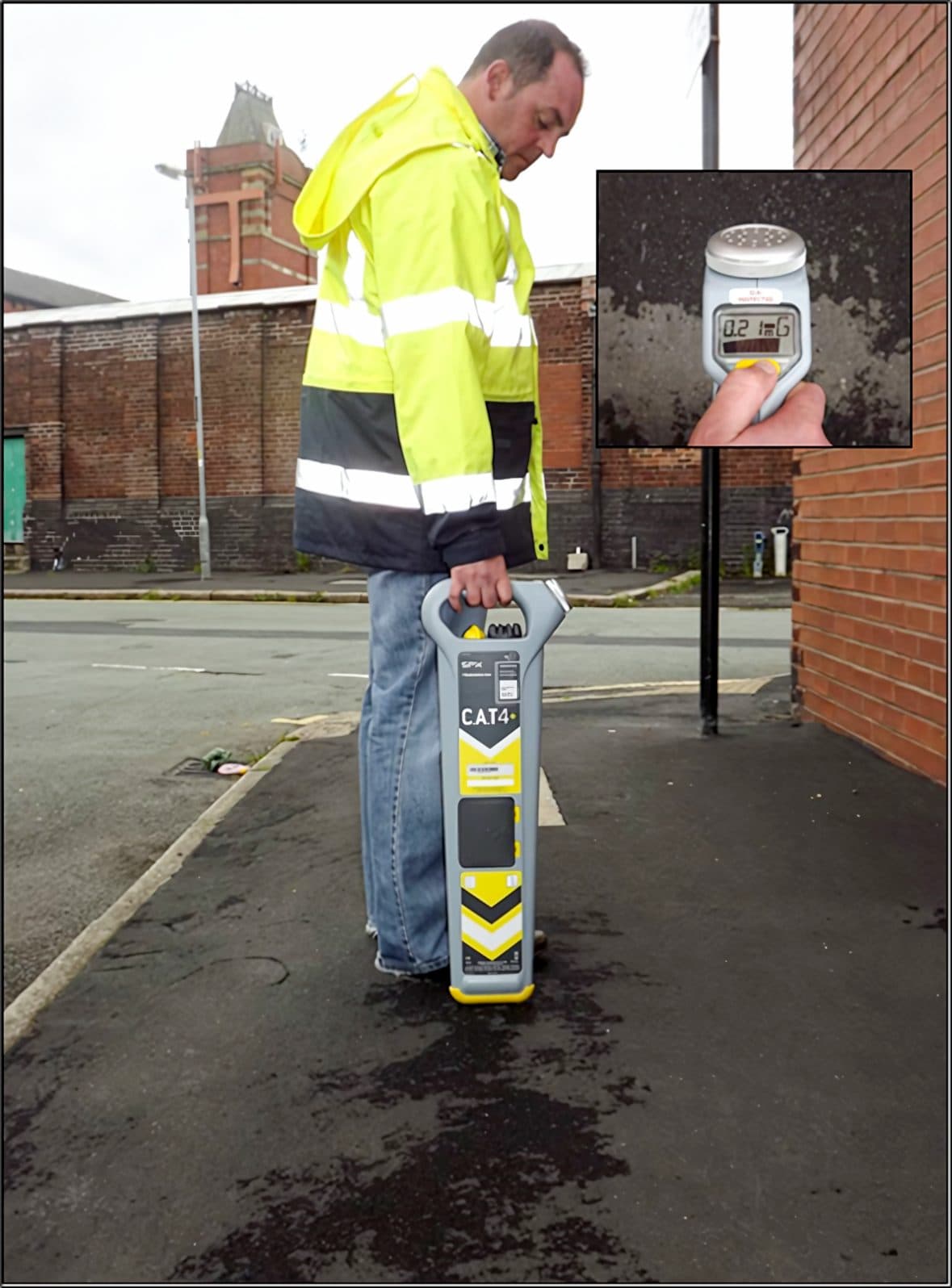 Operative holding the CAT4 vertical over the line, inset showing the depth button being pressed.