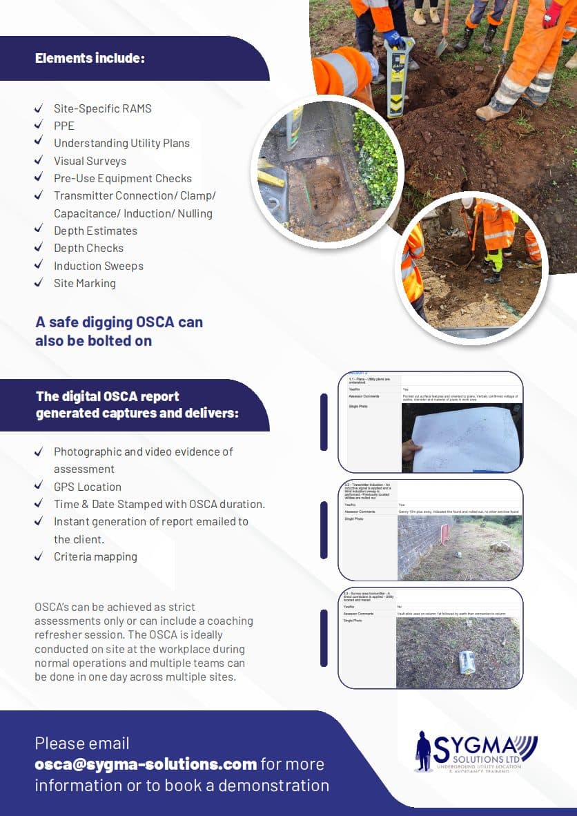 Sygma OSCA leaflet page: what an assessment includes and what the digital report captures.