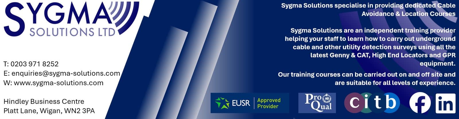 Sygma Solutions back-cover banner with contact details.